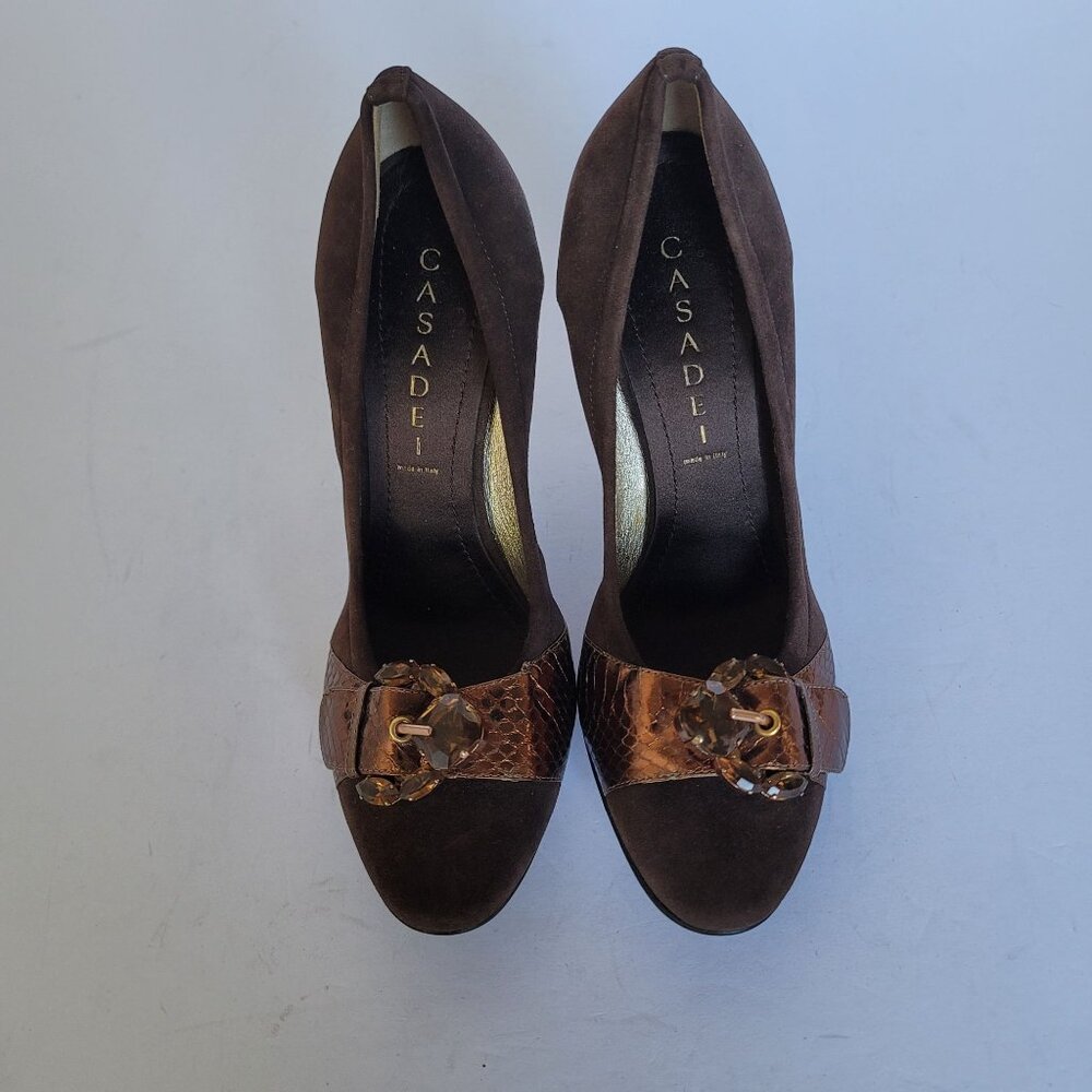 Casadei Suede Heels Pumps Embellished With Stones & Buckle Detail. Size 8 - Picture 2 of 12